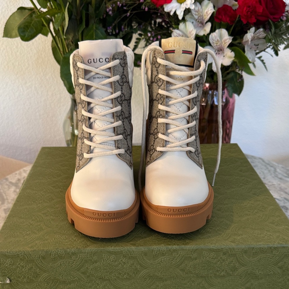 Gucci Women's White and Brown Lace-Up Boots